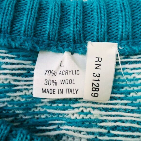 Vintage Men's Sweater Size Large Green White Wool Blend Made in Italy 80s Style - Picture 6 of 6